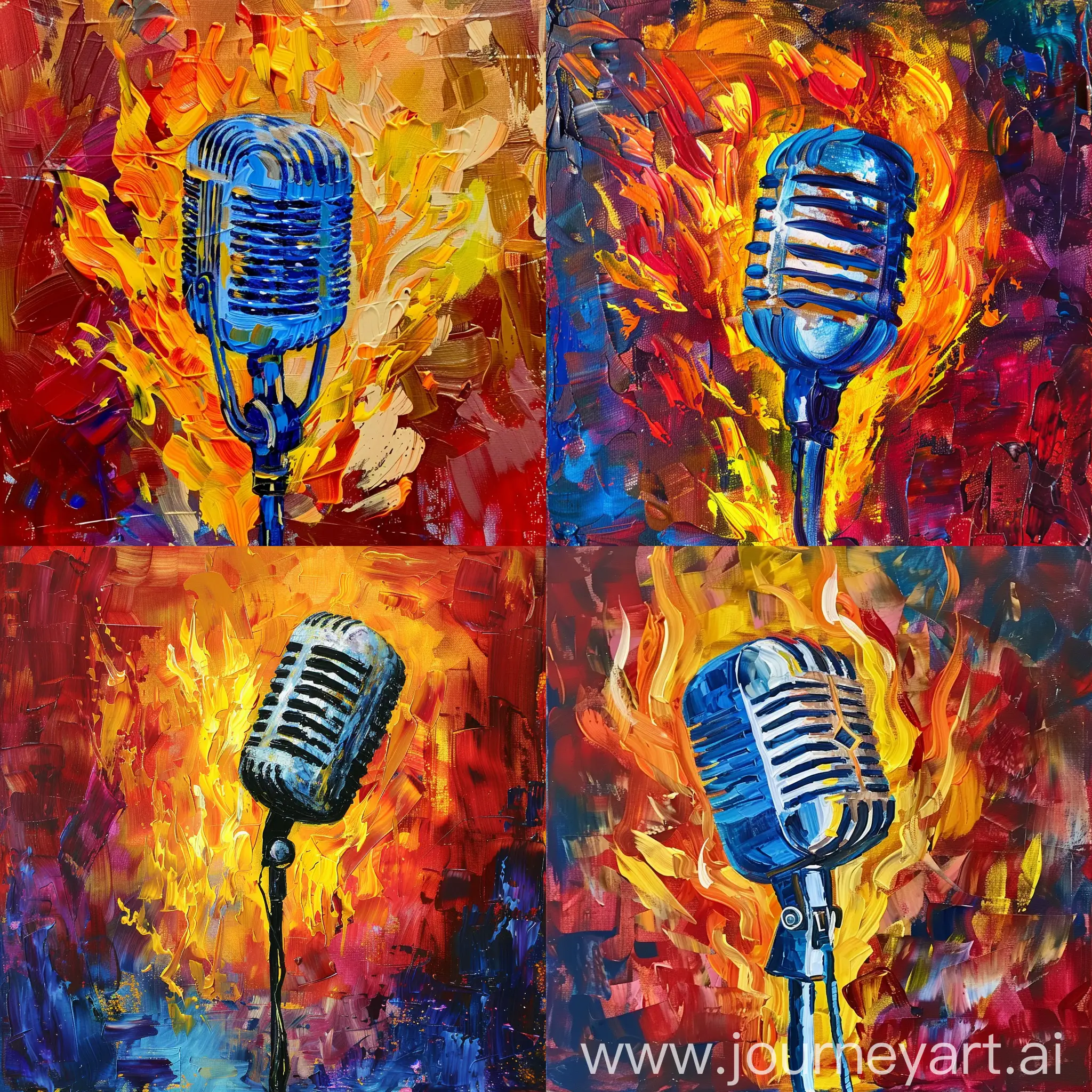 create abstract art mic on fire denoting speaking with passion in the color tone of loyal blue, true maroon, happy yellow