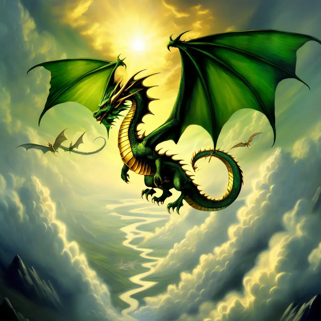 Majestic Green Dragon Soaring with Golden Radiance