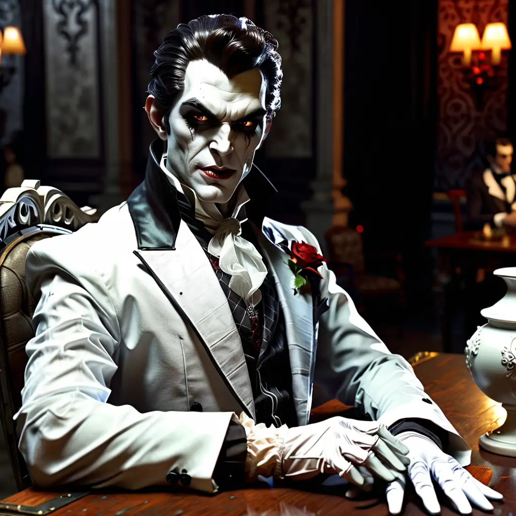 A male Lasombra vampire Primogen, sitting by a table, wearing a suit, wearing white gloves, comb-over hair, rounder face shape, realistic