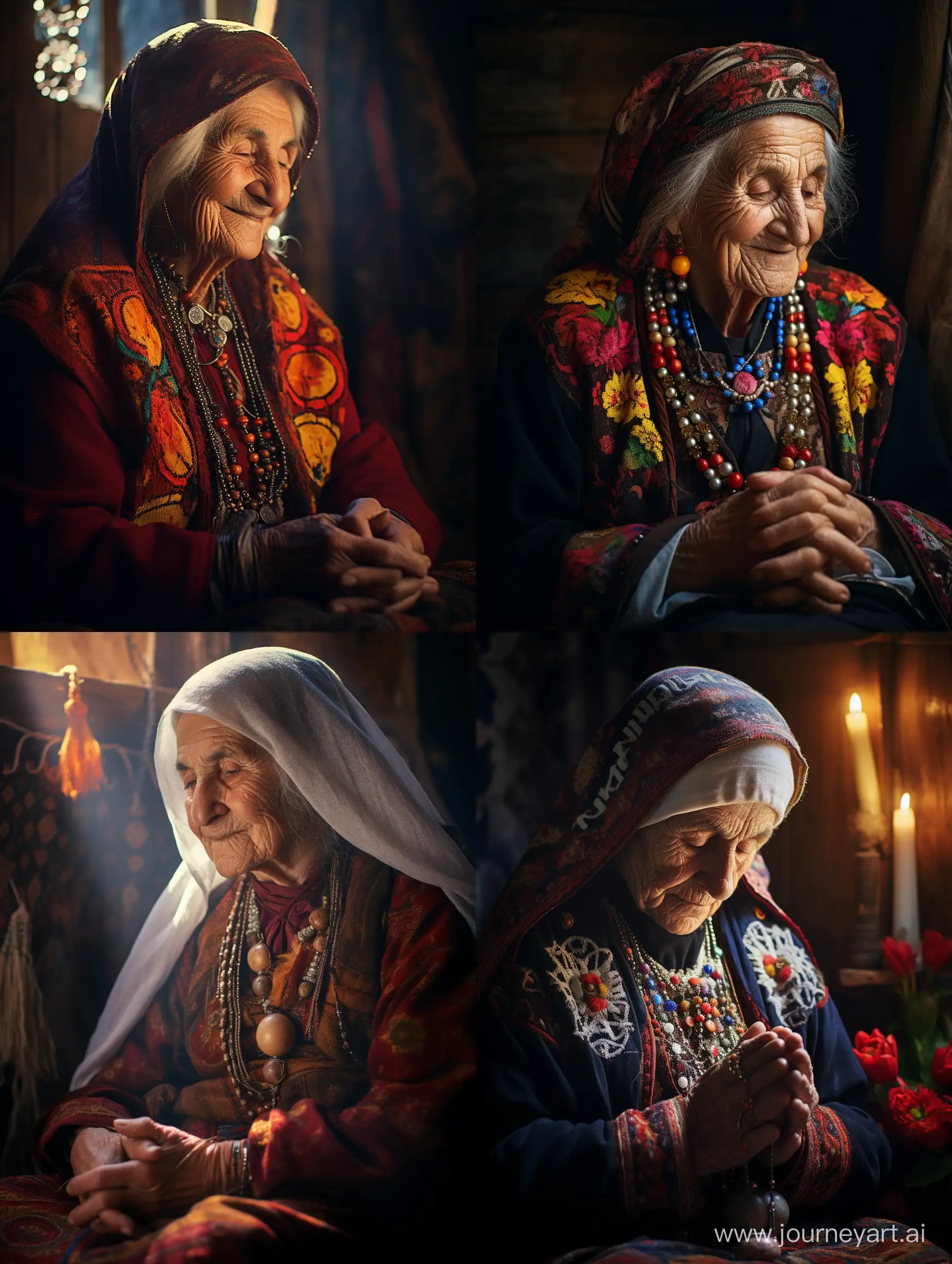 очень старая мудрая с доброй улыбкой бабушка, с малым количеством морщин, глаза закрыты, без головного убора на голове, армянской внешности, предсказывает будущее. очень похожа на настоящую hd 4K смотрит прямо, в комнате мало света, на бабушке магические бусы фото на Nikon D600 , на заднем плане огоньки, в руках талисман, красивые пышные седые волосы
