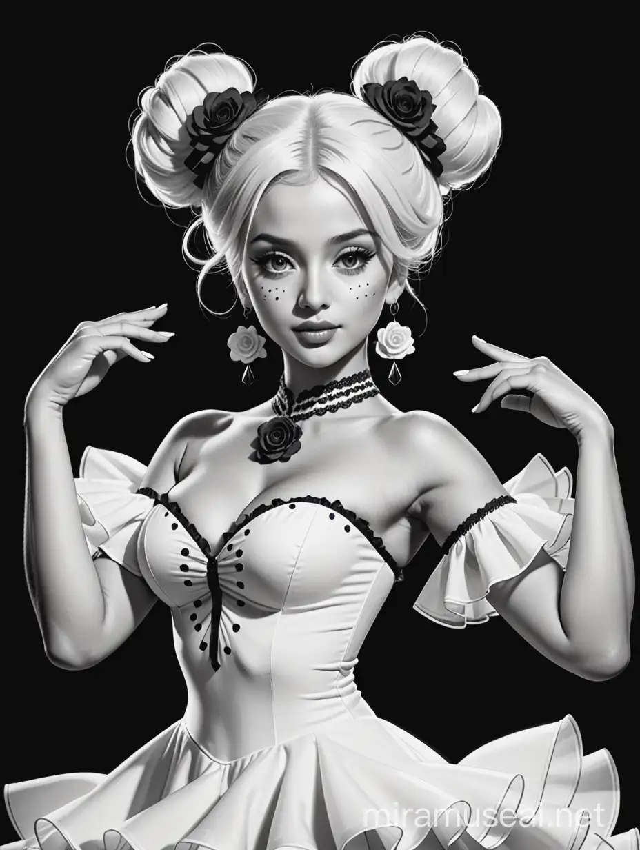 a black and white realistic illustrated line drawing of a cartoon, comic , colouring page symmetrical and proportionate  black line and white drawing prompt 50mm shot captures a medium body   portrait of three petite iconic Spanish-Latin    – Christina Aguilera, Penelope Cruz, and Shakira all with white hair in a bun –  engaged in a symmetrical Flamenco dance. Each woman is adorned in a white traditional traje de flamenca dress with black large polka-dots spots on their dresses tightly fitted to knee and flares at bottom to large layered  ruffles, their long dresses swirling around as they move. and all have white hair  A single red rose accents their hair, adding to the allure of the scene.In intricate detail, their hands are depicted, fingers gracefully moving to the rhythm of the dance, nails impeccably manicured. The intensity of their performance is palpable as they tap their feet, clap their hands, and swish their skirts with fervor. The monochrome cartoon style emphasizes bold black lines against a white backdrop, highlighting the energy and elegance of their synchronized movements. no colour, no background