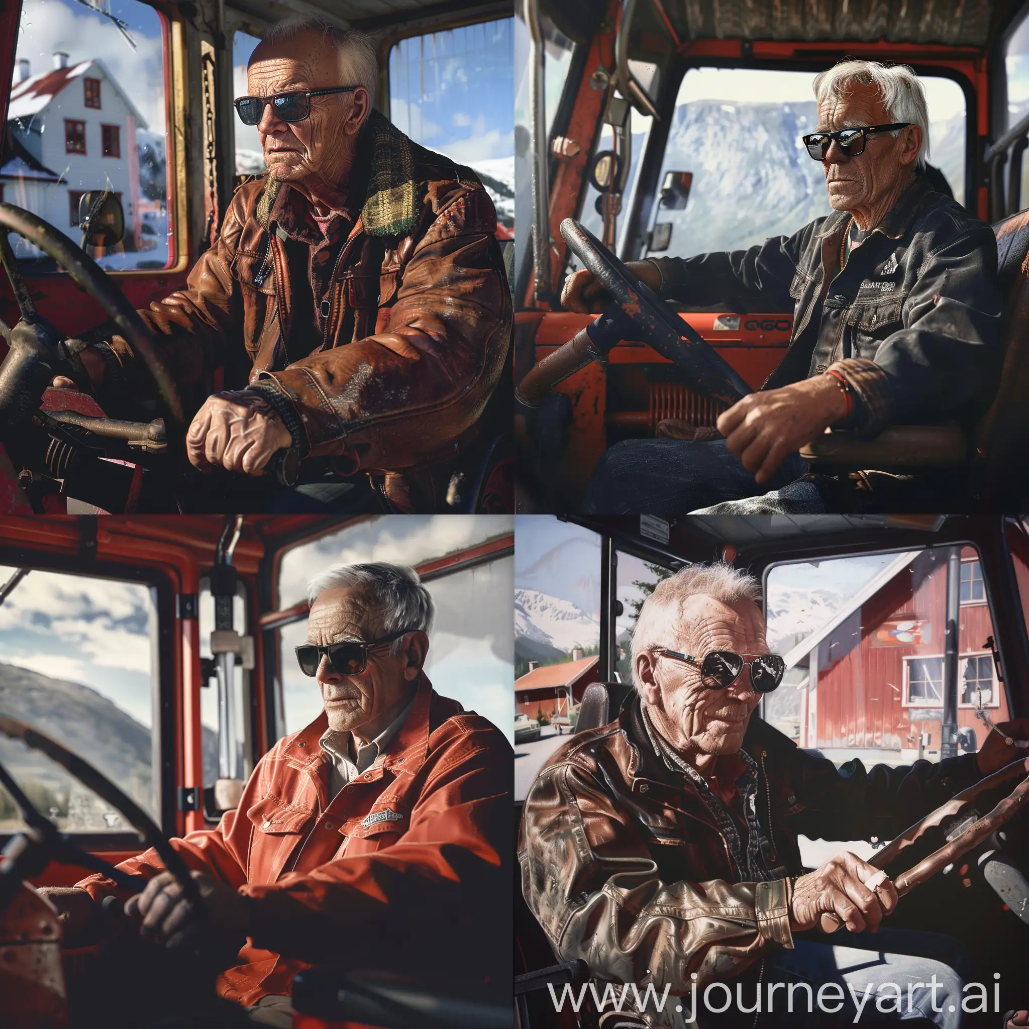 Old norwegian man with sunglasses on while driving a norwegian tractor. Hyper realistic