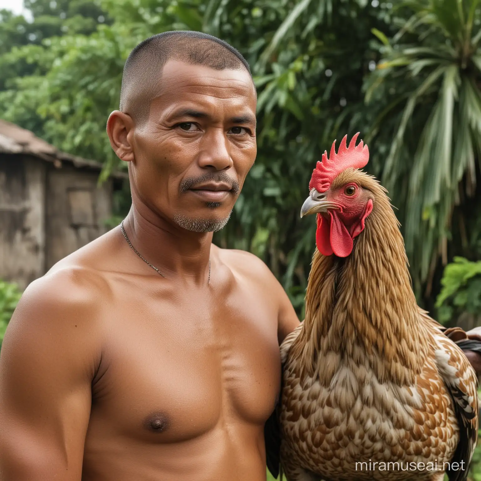 Pria Indonesian Maluku, 50 tahun, rambut buzz cut, Ayam jago dipegang oleh pria 