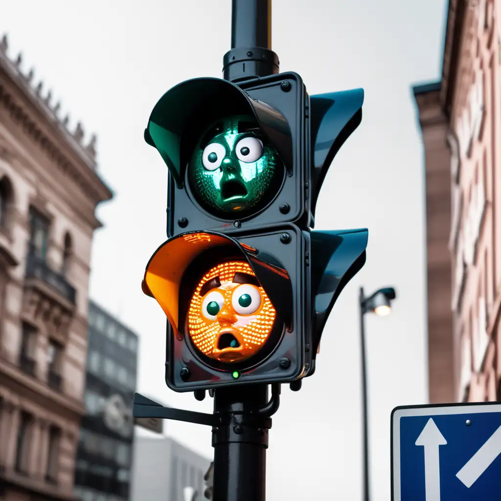 A traffic light looking extremely scared