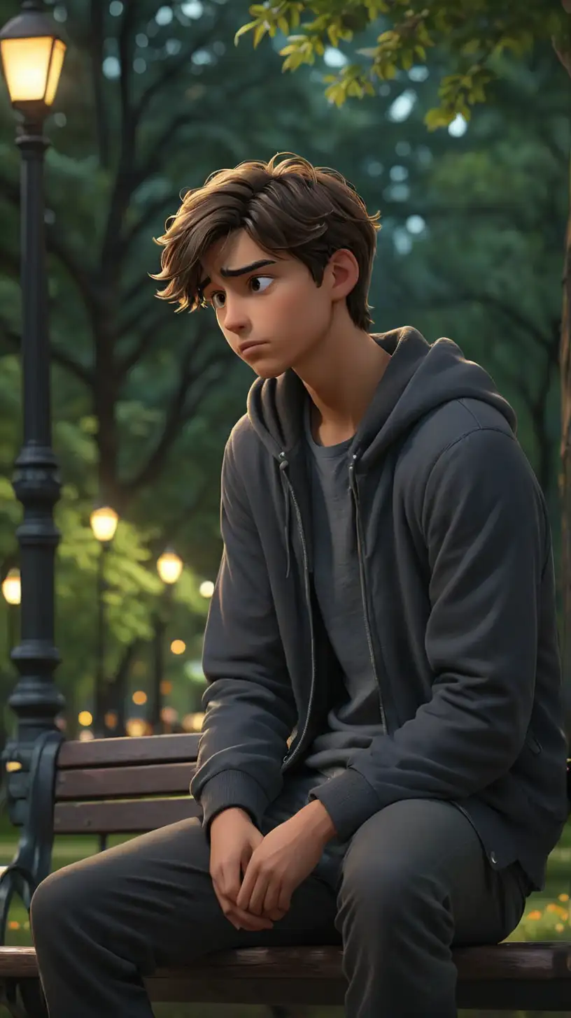 Create a 3D illustrator of an animated image of young man thinking about the man problems and sitting alone in a park bench. Beautiful, dark background illustrations.