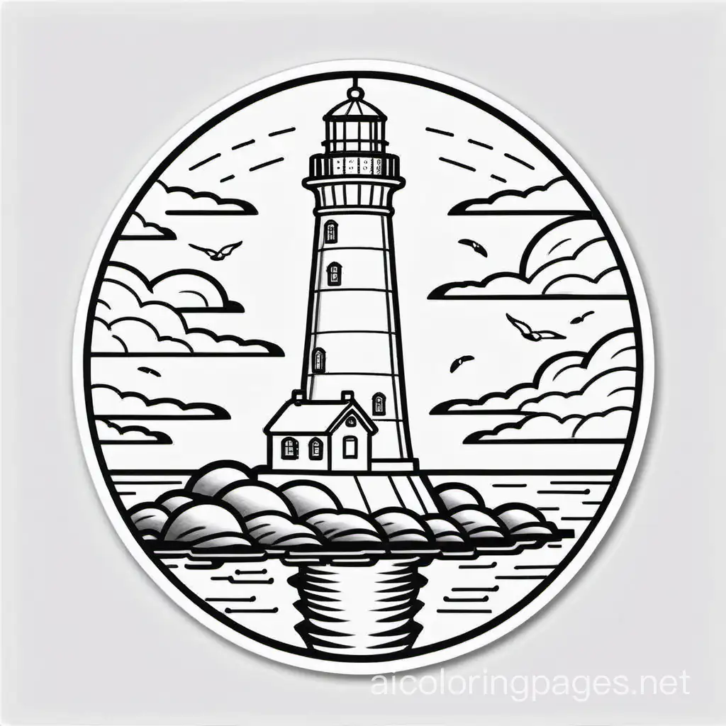 sticker, boston harbor lighthouse, Coloring Page, black and white, line art, white background, Simplicity, Ample White Space. The background of the coloring page is plain white to make it easy for young children to color within the lines. The outlines of all the subjects are easy to distinguish, making it simple for kids to color without too much difficulty