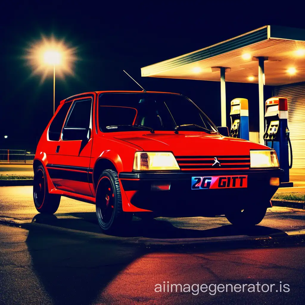 A Peugeot 205 GTI car parked on a parkinglot with the headlights on, at night with a gasstation in the background with neon lights