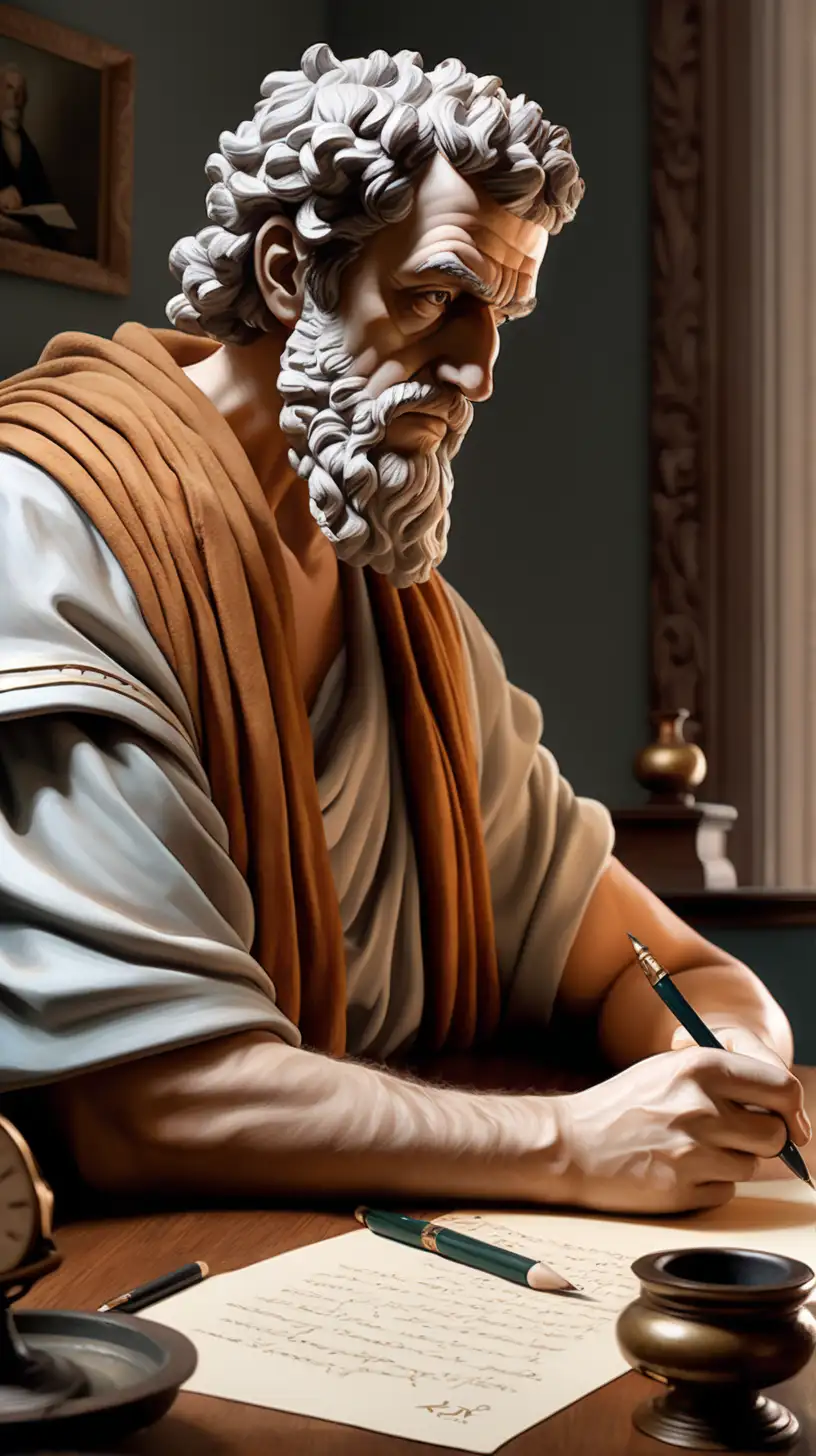 create a realistic image of a stoic philosopher, lifelike skin textures, writing a letter at his desk, in a color painting style