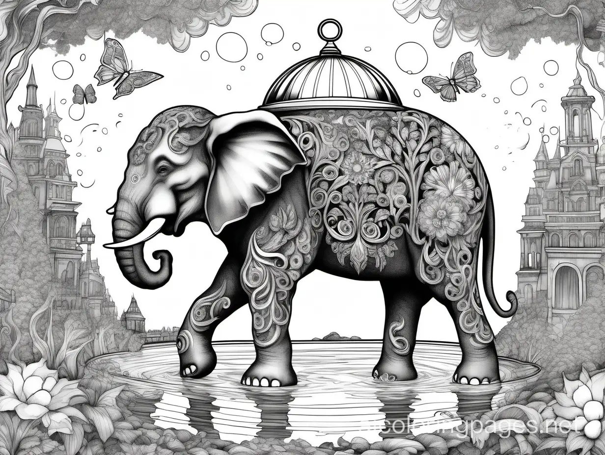 Insanely detailed and elaborate fantasy elephant in a rococo embellished glass globe floating in a lake of molten lava, Coloring Page, black and white, line art, white background, Simplicity, Ample White Space. The background of the coloring page is plain white to make it easy for young children to color within the lines. The outlines of all the subjects are easy to distinguish, making it simple for kids to color without too much difficulty