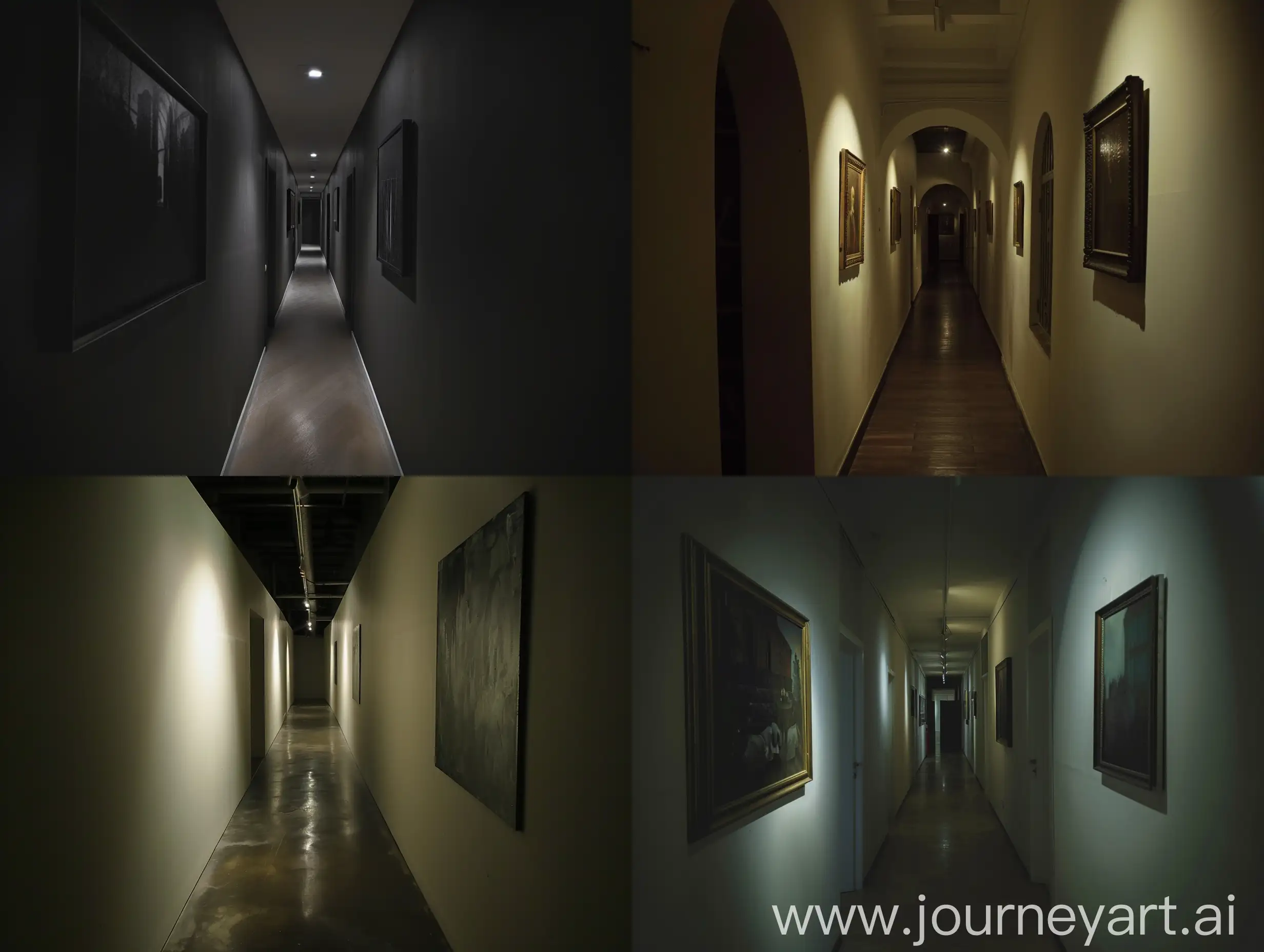 A dark and narrow gallery. The gallery has a corridor-like shape that creates a sense of mystery and exploration. The gallery has no windows and relies on indirect artificial lighting.