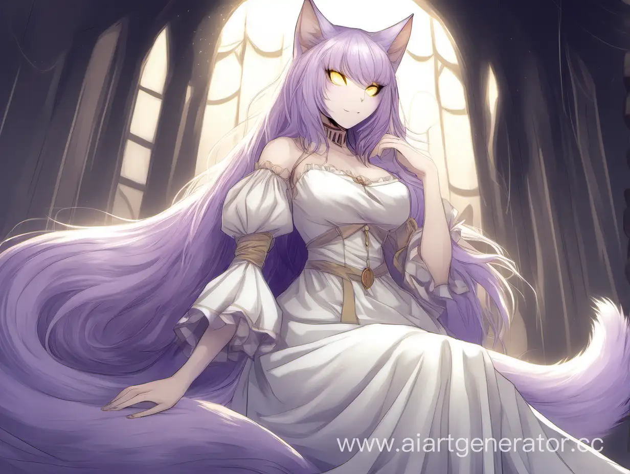 Female, young adult, catfolk, yellow eyes, light violet fur, bard, thin, tall, white dress