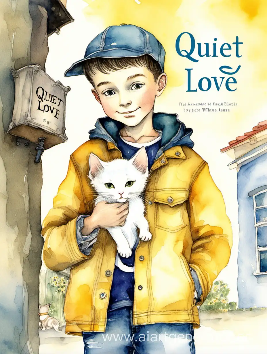 Обложка для книги под названием "тихая любовь". По средине стоит мальчик, у него на руках белый котенок. Мальчик рад. Он одет в жёлтую куртку, шапку, джинсы. Мягкая акварель