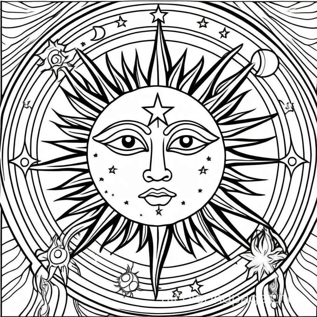 sun and moon boho tarot card, Coloring Page, black and white, line art, white background, Simplicity, Ample White Space. The background of the coloring page is plain white to make it easy for young children to color within the lines. The outlines of all the subjects are easy to distinguish, making it simple for kids to color without too much difficulty