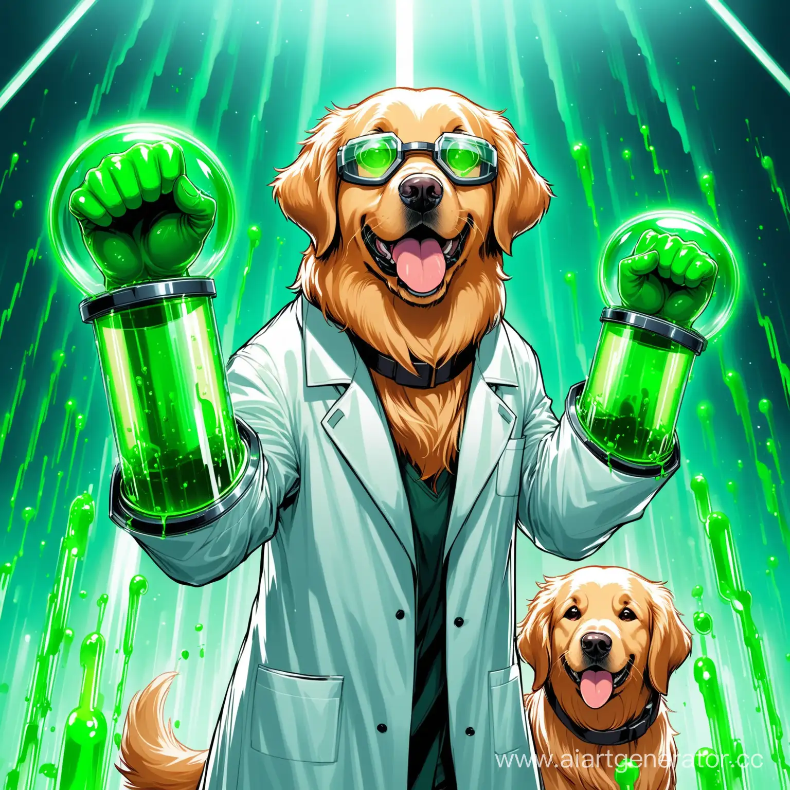 Golden retriver wearing lab coat with transparent protect glasses in  fight ring  , hold cylindrical lab tube look like a futristic fist  inside green luqid , he's oponenet afraid of him ,