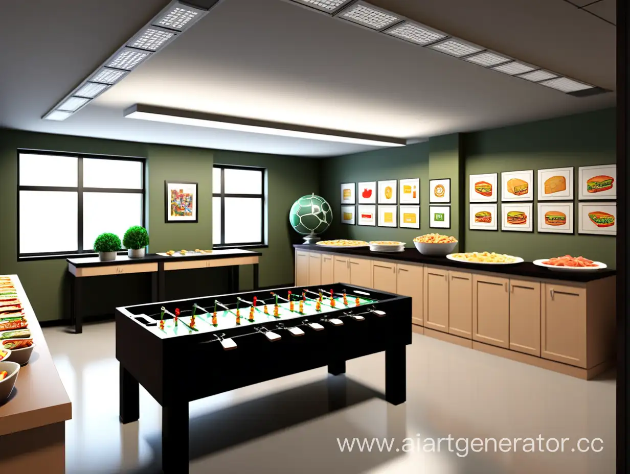 a recreation room in the office with a buffet