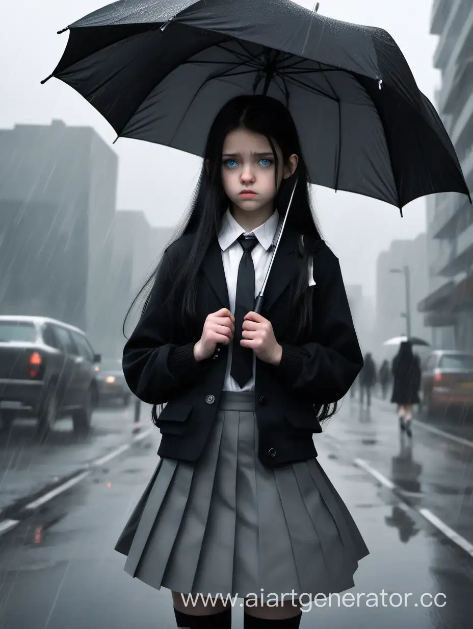  Девушка лет 14-17, милая, с голубыми глазами и черными длинными волосами, в сером пиджаке, застегнутом на черные пуговицы, с черной кофтой и белым воротником и  галстуком, с черной юбкой. Смотрит на экран с грустным выражением лица, держит в руках зонт, на рукавах есть маленькие, черные банты вместо пуговиц, и идет по серому, унылому, однообразному городу, где жители одинаковы, серая масса.