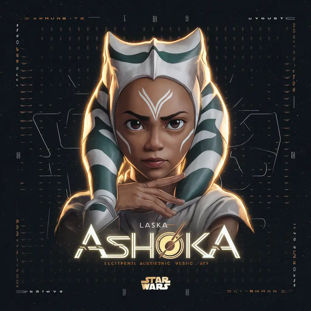 electronic music album, young Ashoka Tano, pathos anime character from Star Wars saga, posing, inscription "LasKa - Ashoka" as album title