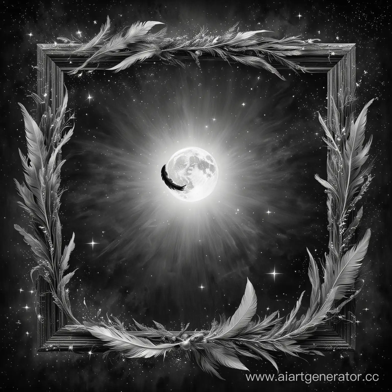 черно-белое обрамление с пустотой в центре в поэтической тематике, позитивное, звезды, луна, перо
