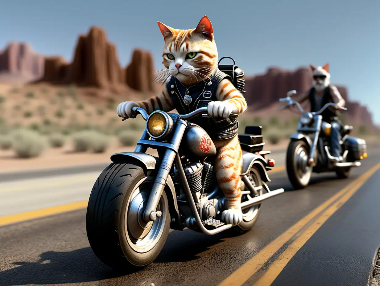 Realistic Cat Riding Motorcycle on Route 66