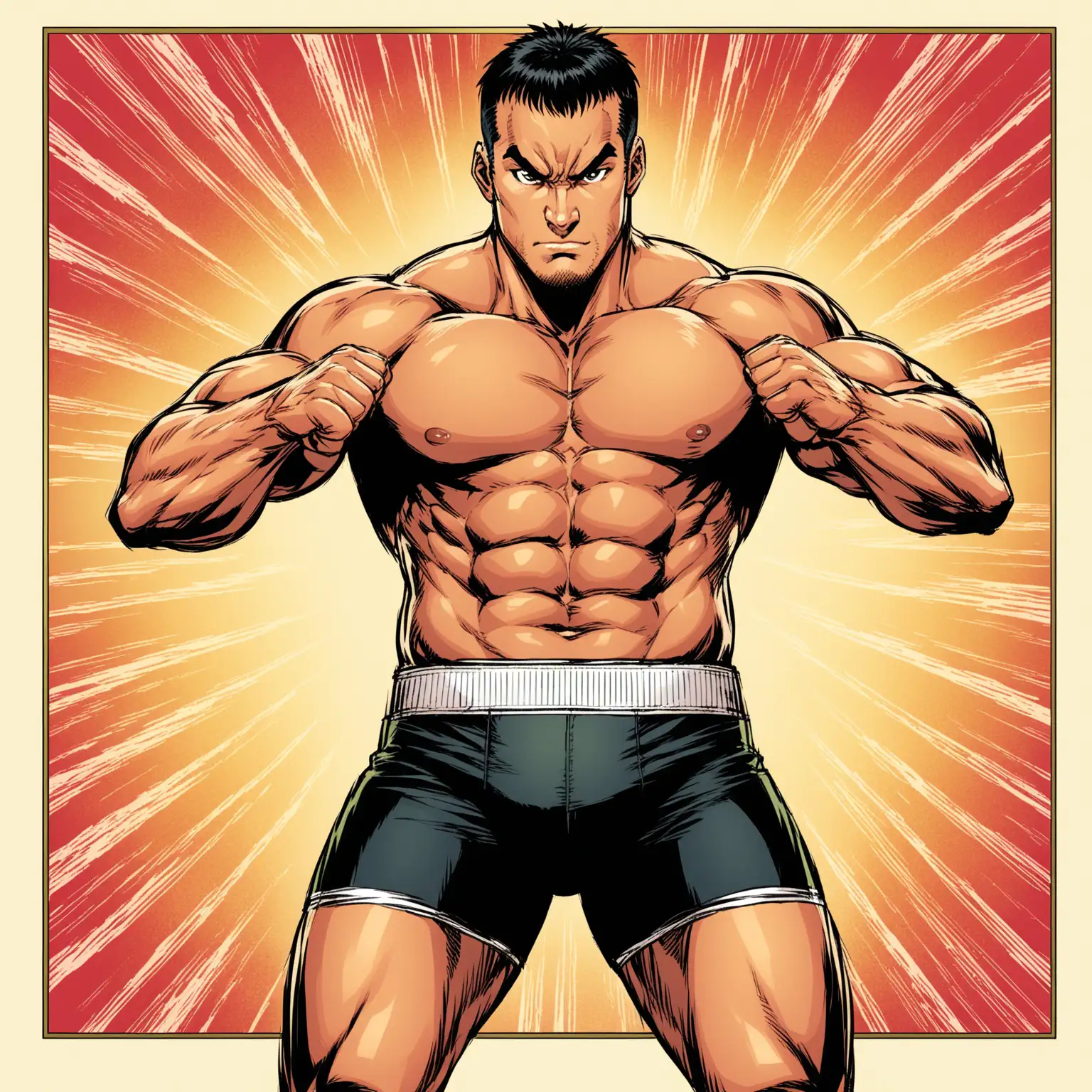 Comic Style Boxer Resembling Jean Claude Van Damme in Black Shorts