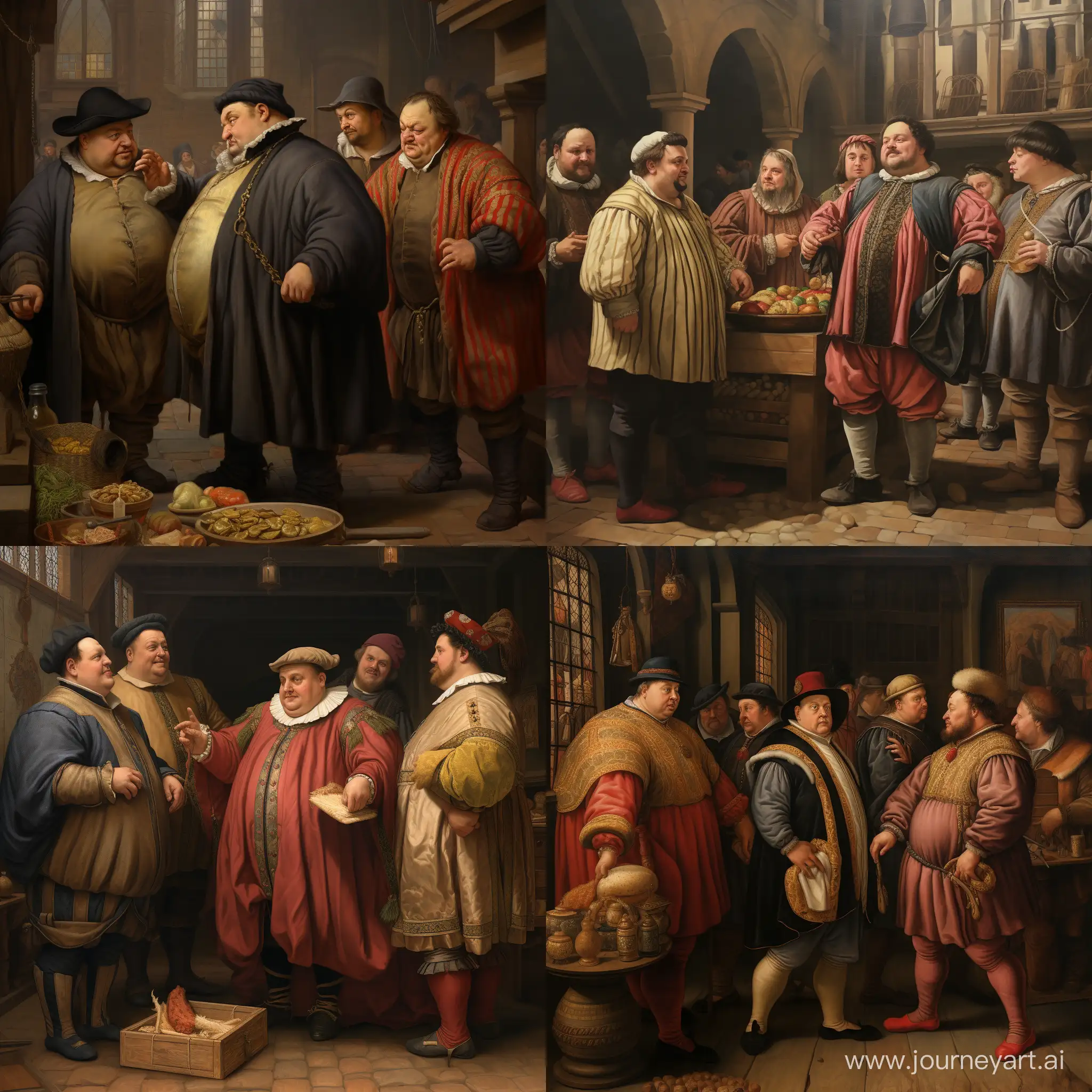 a david style inspired painting of a delegation of fat robed medieval salesman from a guild for production of sugar