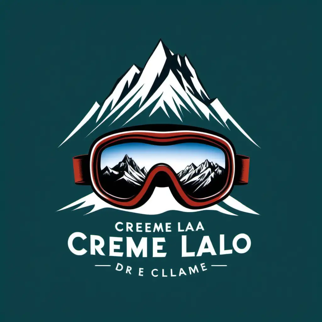 I need a logo, including picture of mountain tops representing the Alps and ski goggles creatively. The logo should also reflect the drinking of wine. name of the company is Creme de la creme