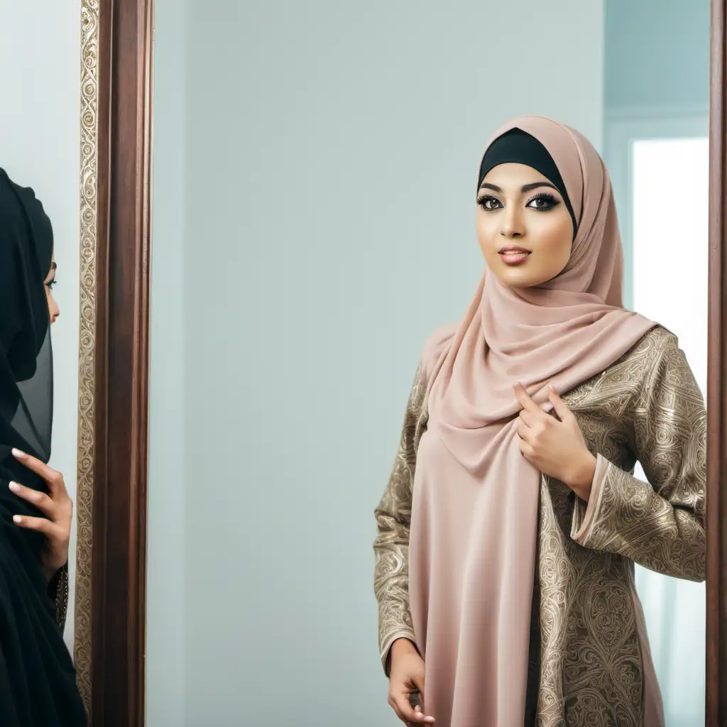 Stylish Muslim Woman Admiring Her Reflection in the Mirror