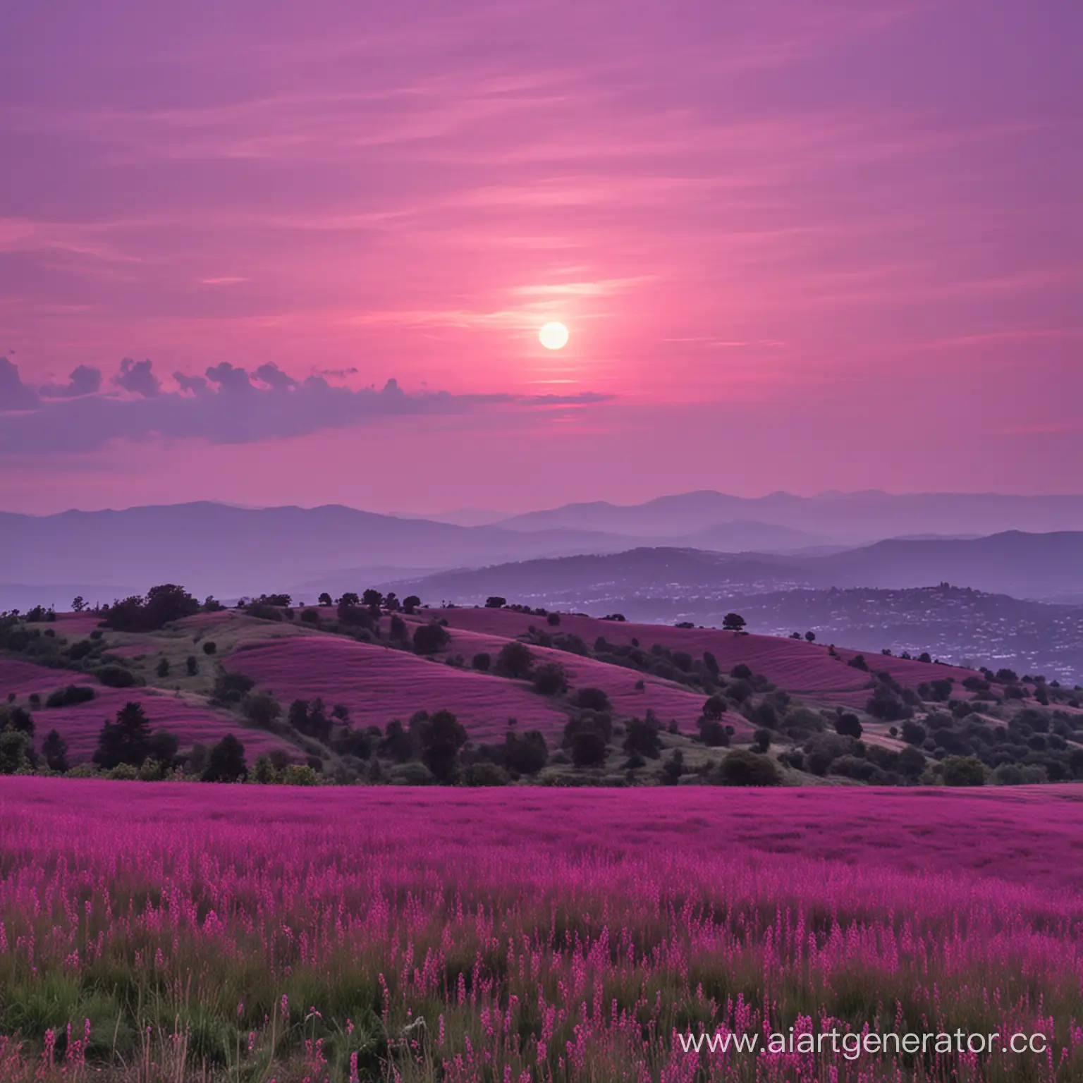 фиолетово-розовый закат с холма
