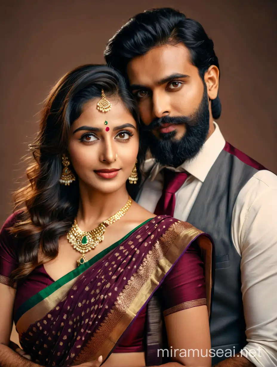 full photo os most beautiful european couple as most beautiful indian couple, most beautiful girl in saree, full makeup, holding man from back side, . hands around man neck from back of man, with emotional attachment and ecstasy, man with stylish beard and in formals and tie, photo realistic, 4k.