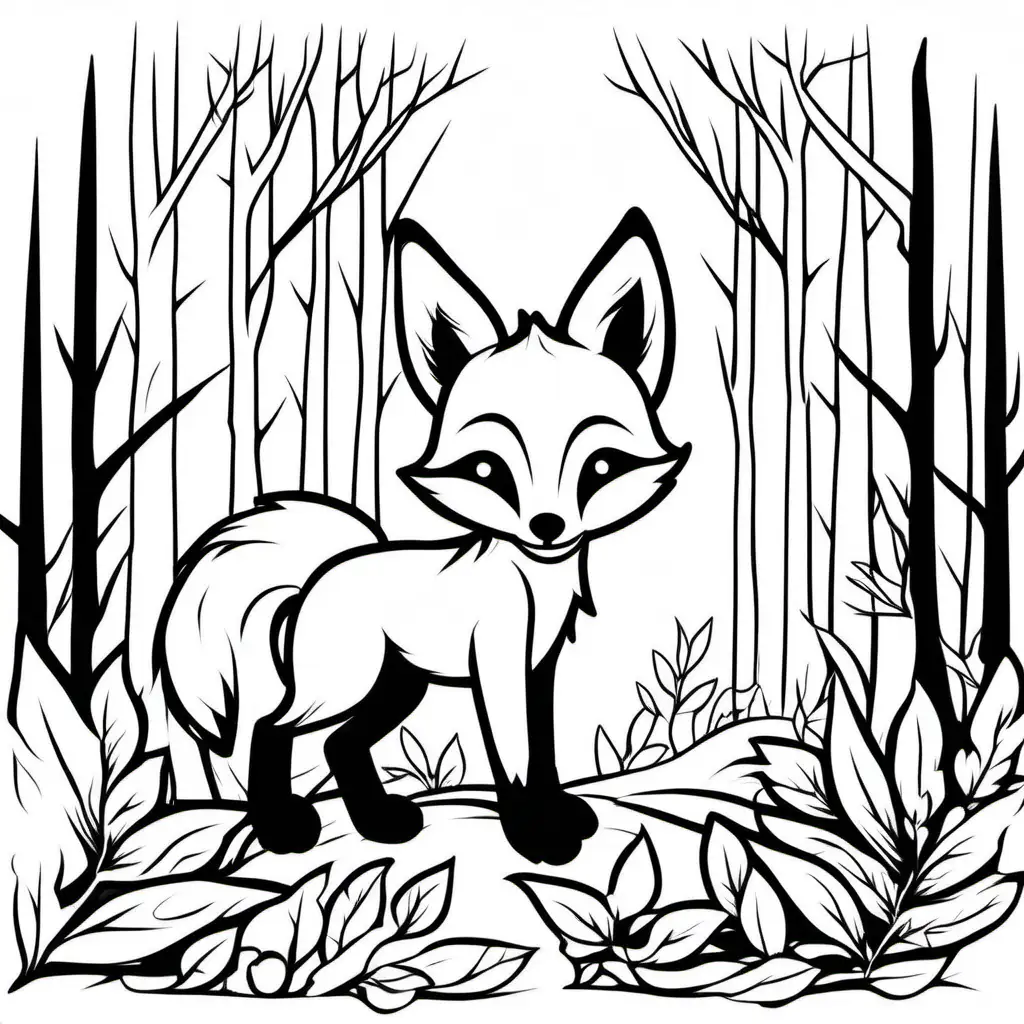 черный контур на белом фоне, маленький лисичка в лесу