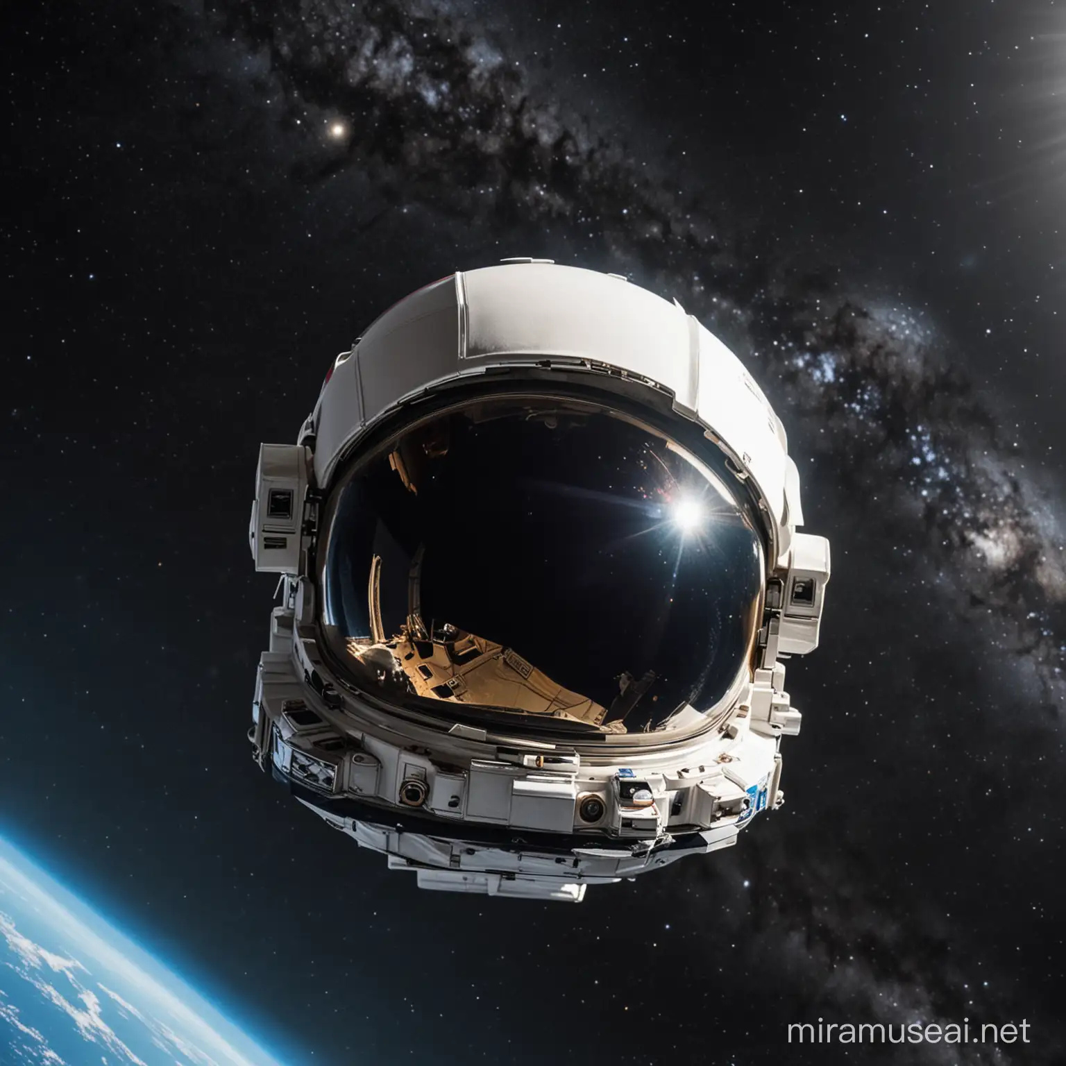 A astronaut helmet floating in space