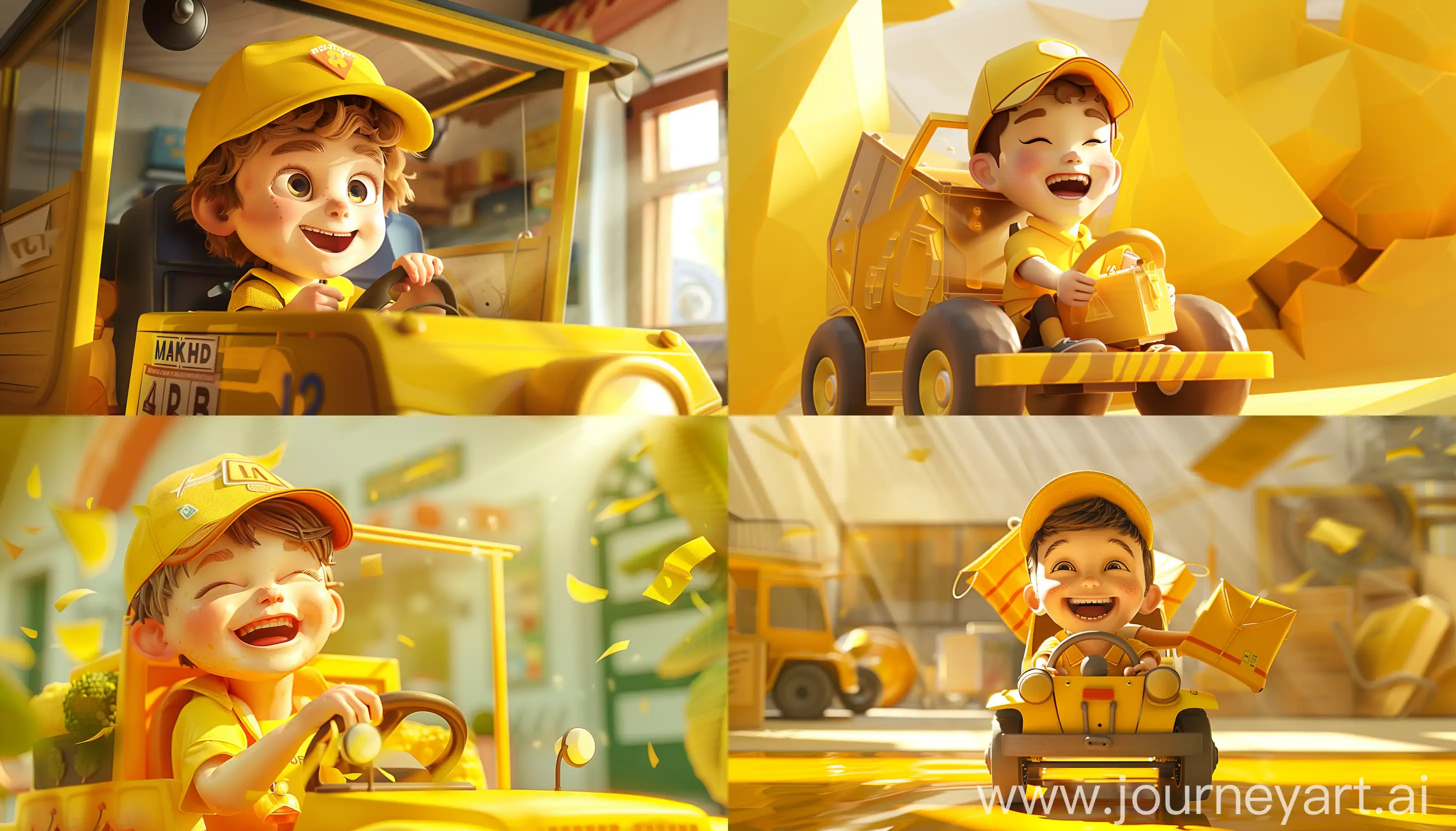 banner with marketing strategies, a boy wearing a cap and yellow clothes driving a mail car, showing him happy, banner with a theme and background with shades of yellow, using as an example the best online store banners, using design techniques, lighting, color of the best animations in the world, using ray tracing techniques, 4k image, best CGI; --ar 21:12 --v 6.0