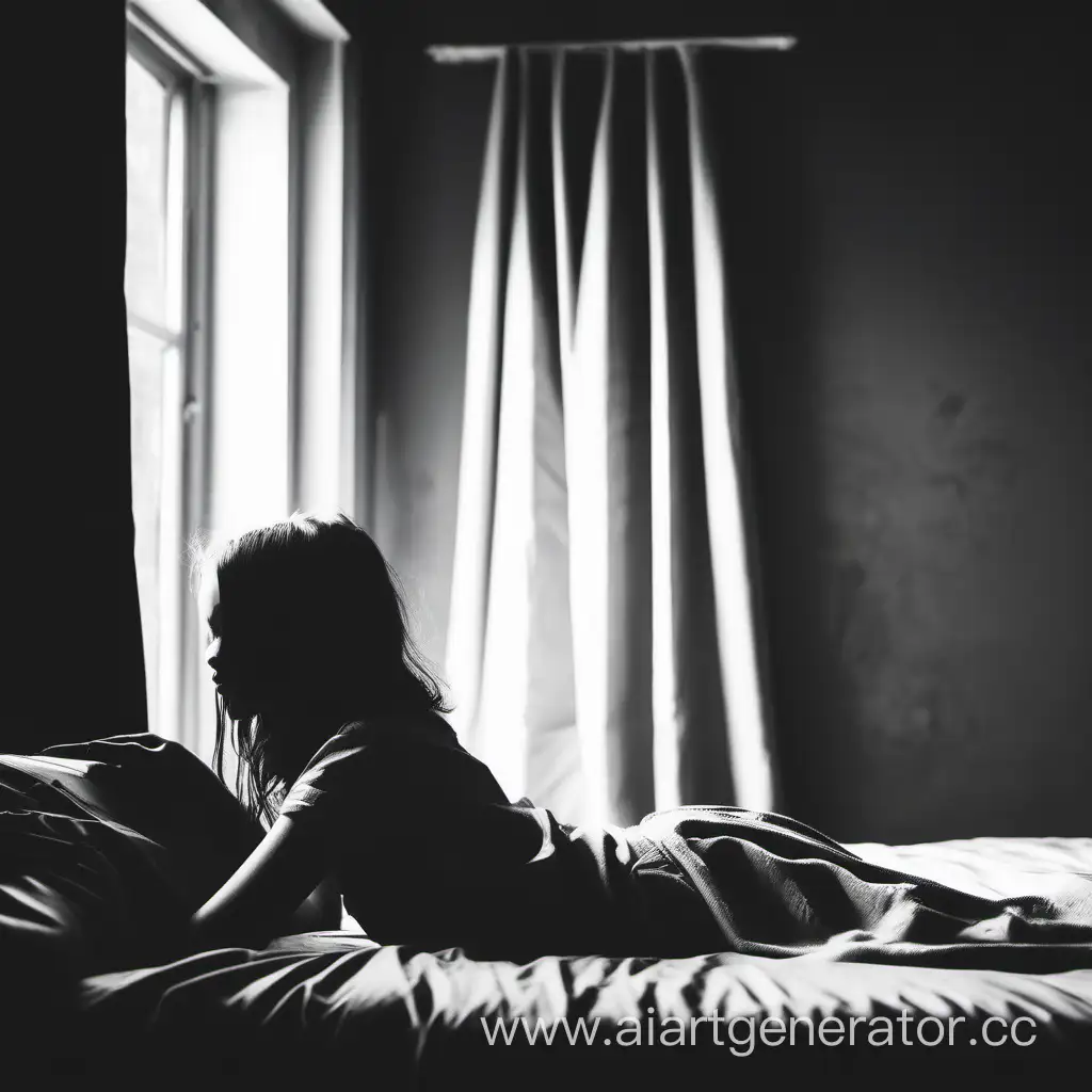 девушка лежит в комнате на кровати возле ее кровати окно все черно-белое
