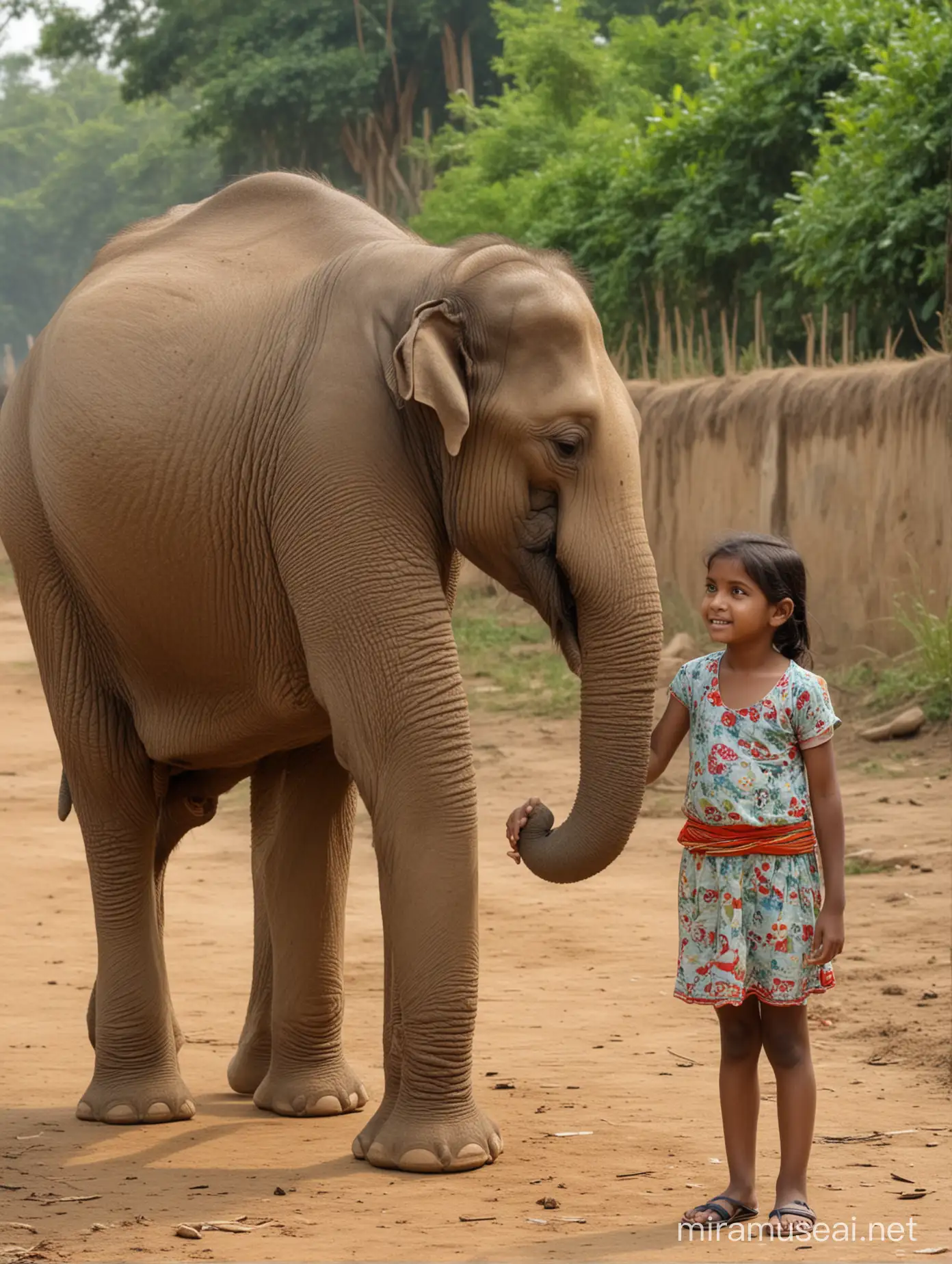 Young Bengali Girl and Adorable Small Elephant Bonding