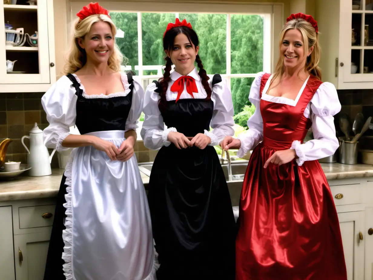 girls in long crystal silk satin red black retro victorian maid gown with white apron and peter pan colar and long sleeves costume and milf mothers long blonde and red hair,black hair rachel macadams and Jenifer aniston smile in kitchen garden Cinderella
