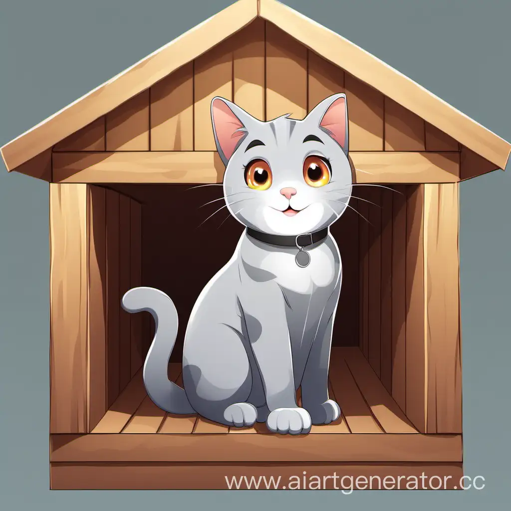 Счастливый серый кот смотрит на меня из своего нового домика аватарка для продажи домашних изделий для животных