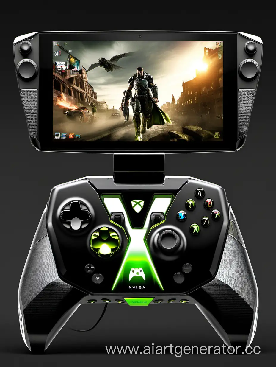 Nvidia Shield Portable X, снизу геймпад Xbox с удобными рукоятями, а сверху откидной экран размером 7.4 дюйма, на котором изображён кадр игры It Takes Two