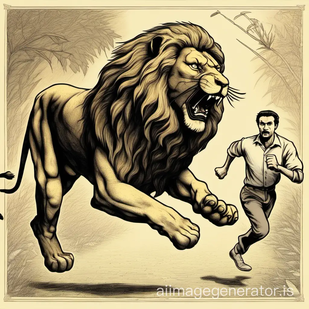 A man is running from the lion.