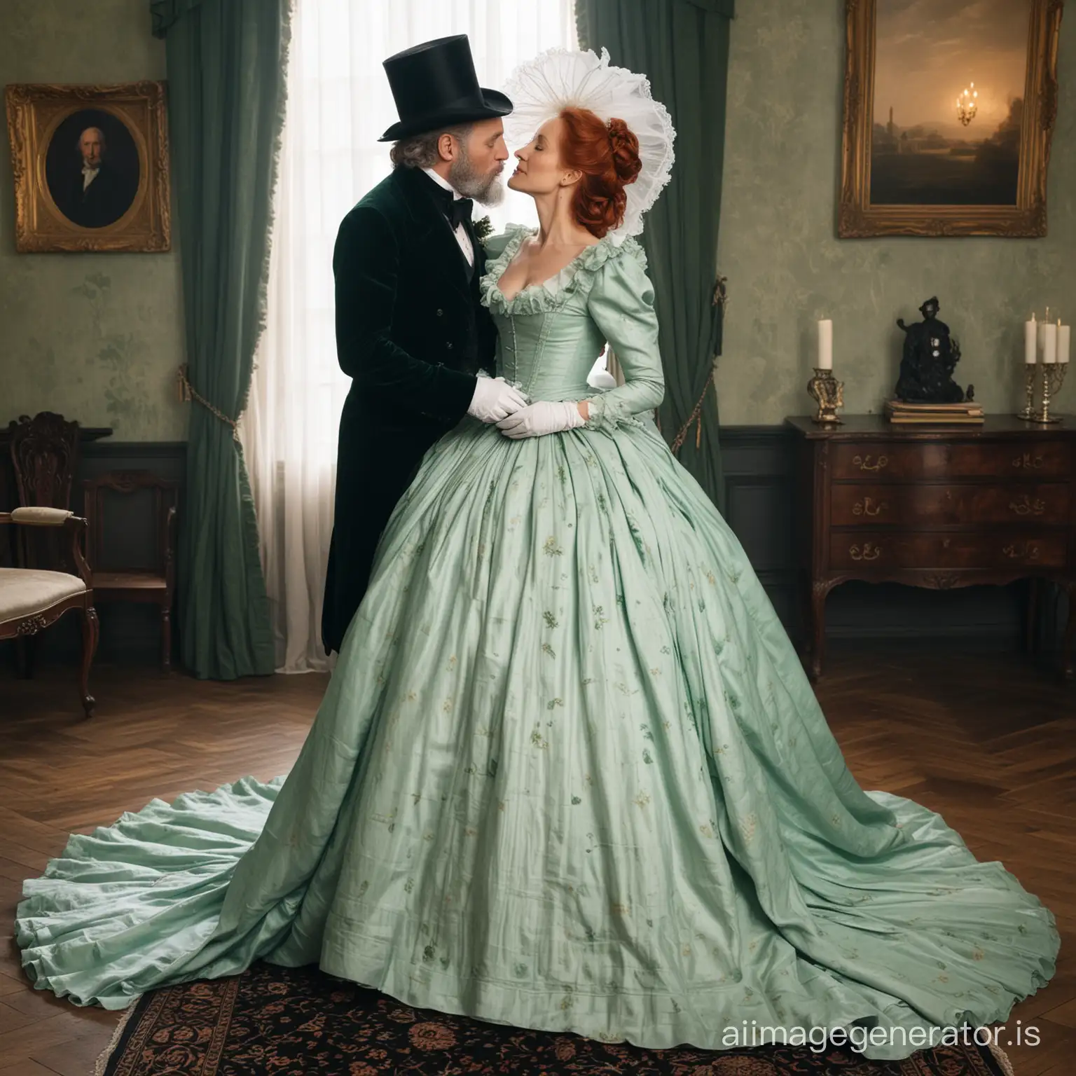 red hair Gillian Anderson wearing a poofy emerald floor-length loose billowing 1860 victorian crinoline dress with  a frilly bonnet kissing an old manin black victorian suit  who seems to be her newlywed husband