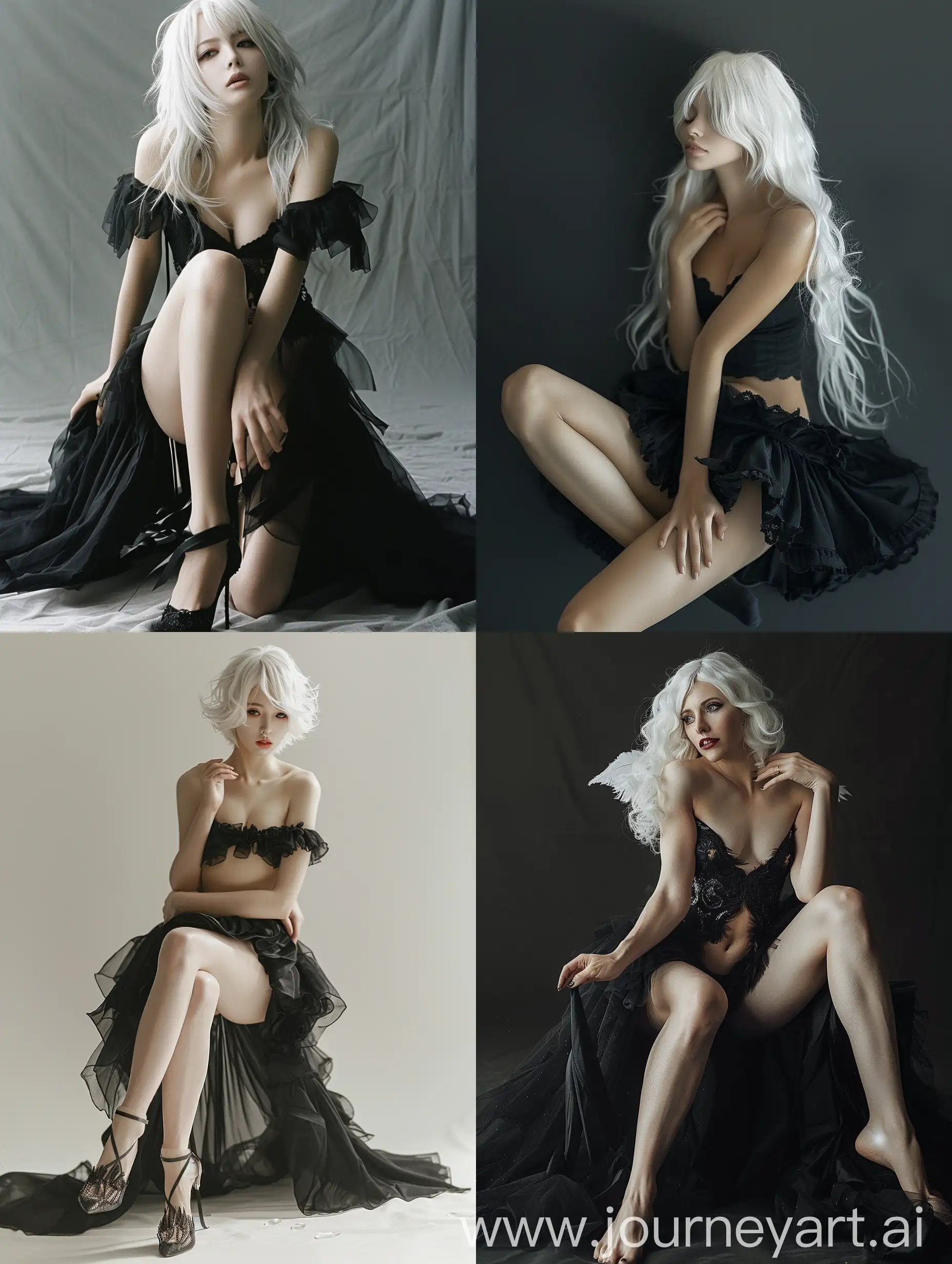 Beautiful woman, beautiful composition, white hair, black dress, 2b from nier automata, photo, legs up --v 6