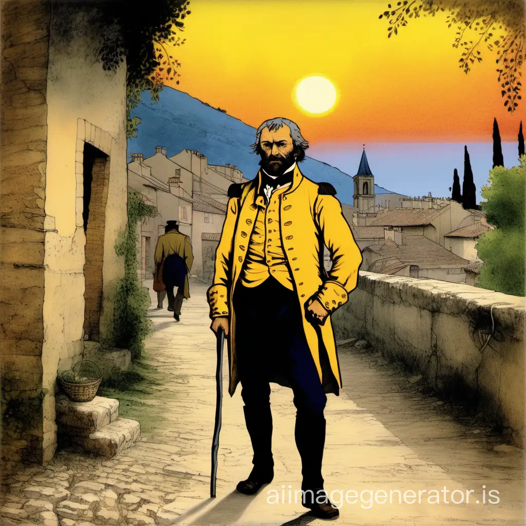 Jean Valjean arrives on foot, at sunset, in the city of Digne in 1815. He is of medium height, stocky, and robust, wearing a shirt of coarse yellow canvas.