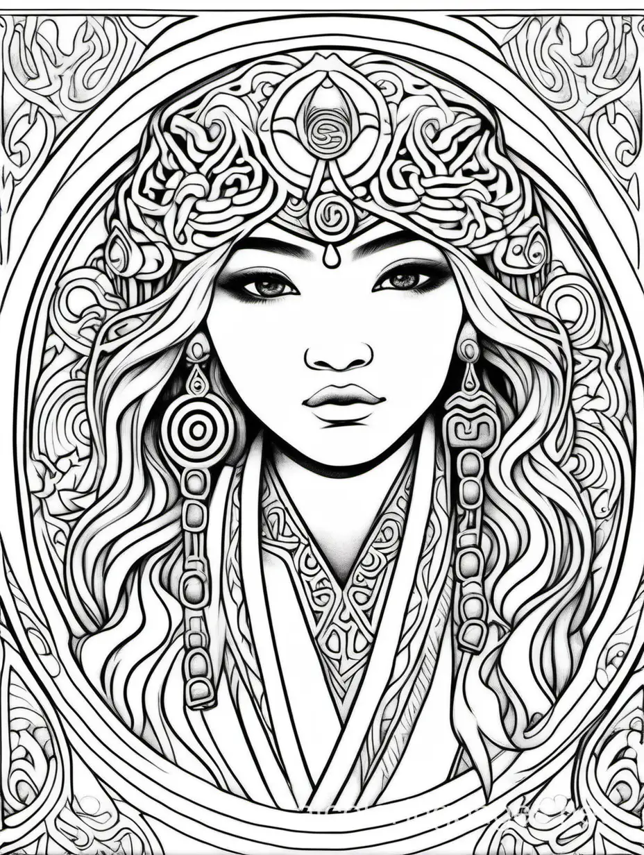 Ainu, fantasy, ethereal, beautiful, Art nouveau, in the style of Keng Lye, Coloring Page, black and white, line art, white background, Simplicity, Ample White Space. The background of the coloring page is plain white to make it easy for young children to color within the lines. The outlines of all the subjects are easy to distinguish, making it simple for kids to color without too much difficulty