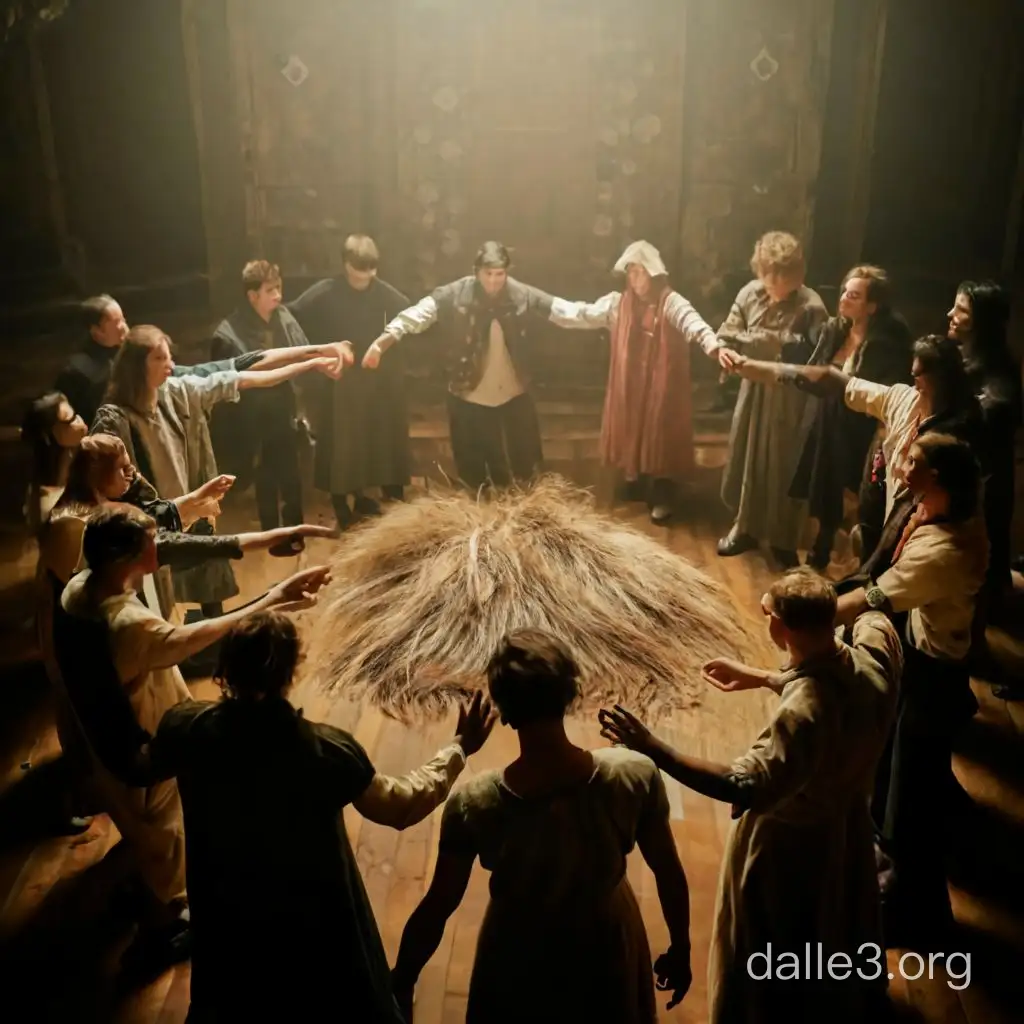 People in a circle dancing and celebrating around a pile of cut off hair in an occult manner