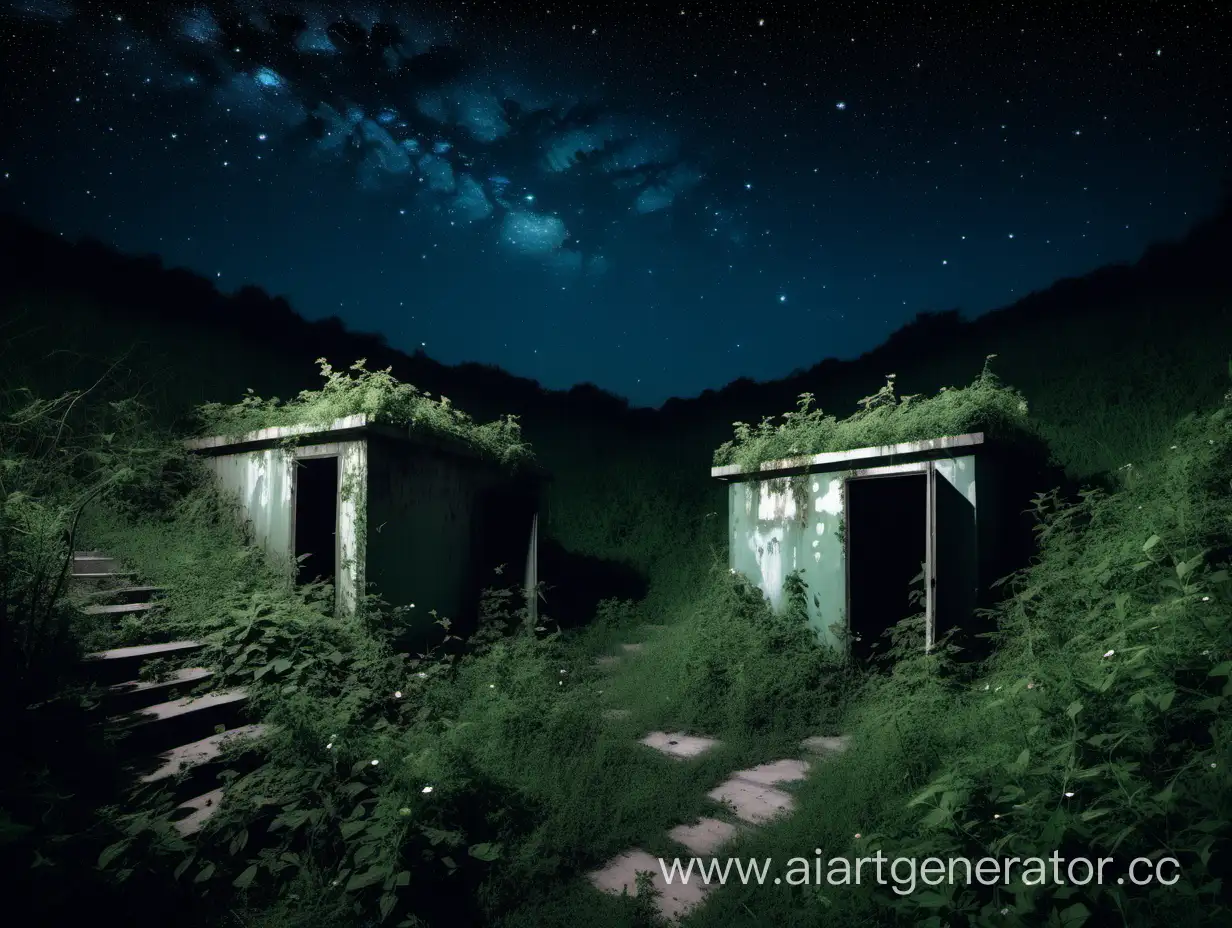 Заброшенные землянки земляные погреба схаотично неупорядосенно стоят звездной ночью на склоне холма среди зарослей кустов и деревьев 