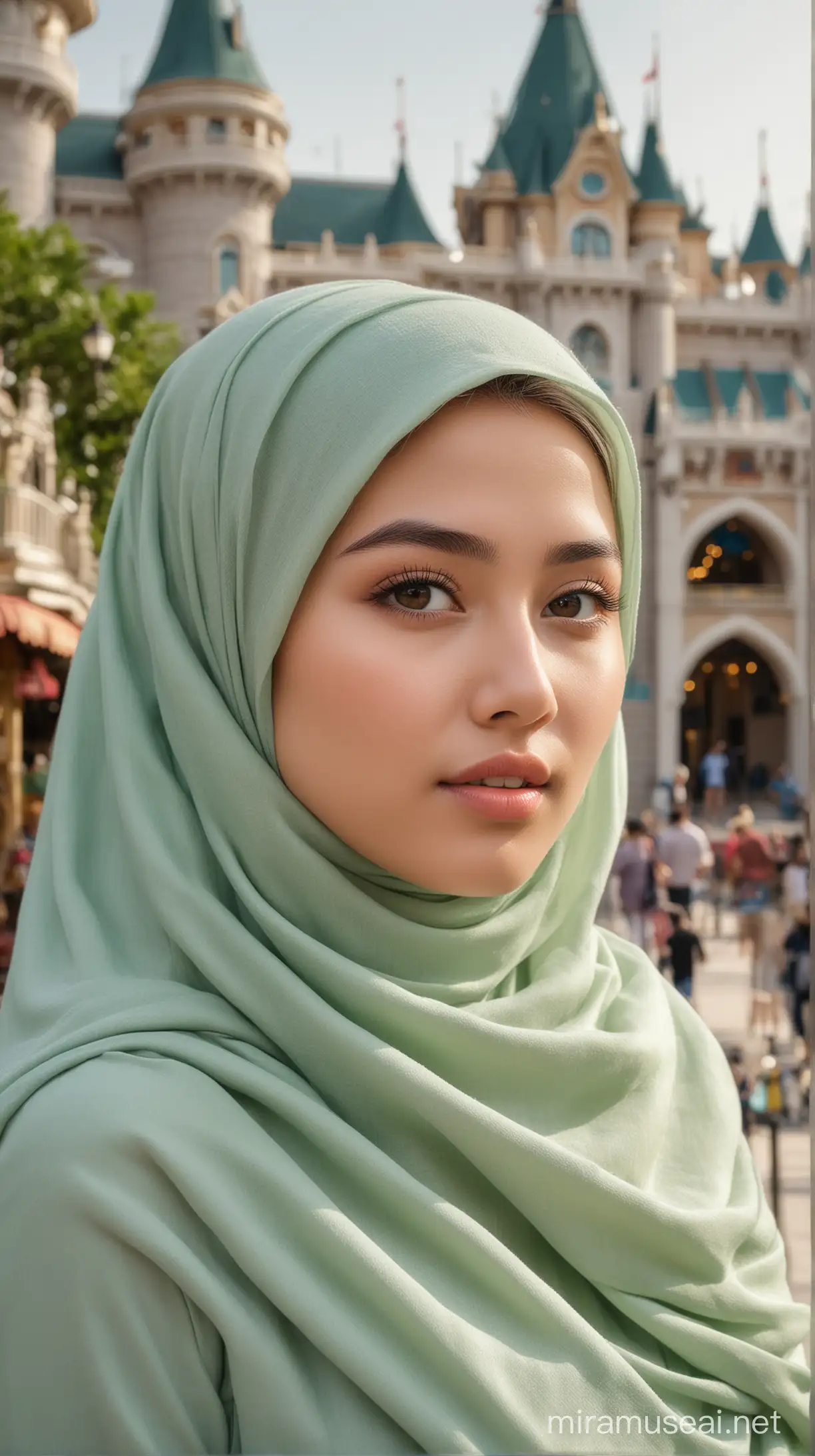 A Beautyful Woman,18 years old, oval face, clean face, sage hijab, Standing in front of the Hongkong Disneyland Resort 800mm lens, realistic, hyperrealistic, photography, professional photography, immersive photography, ultra HD, very high quality, best quality, medium quality, HDR photo, focus photo, deep focus, very detailed, original photo , original photo, very sharp, nature photo, masterpiece, award winning, taken with hasselblad x2d.