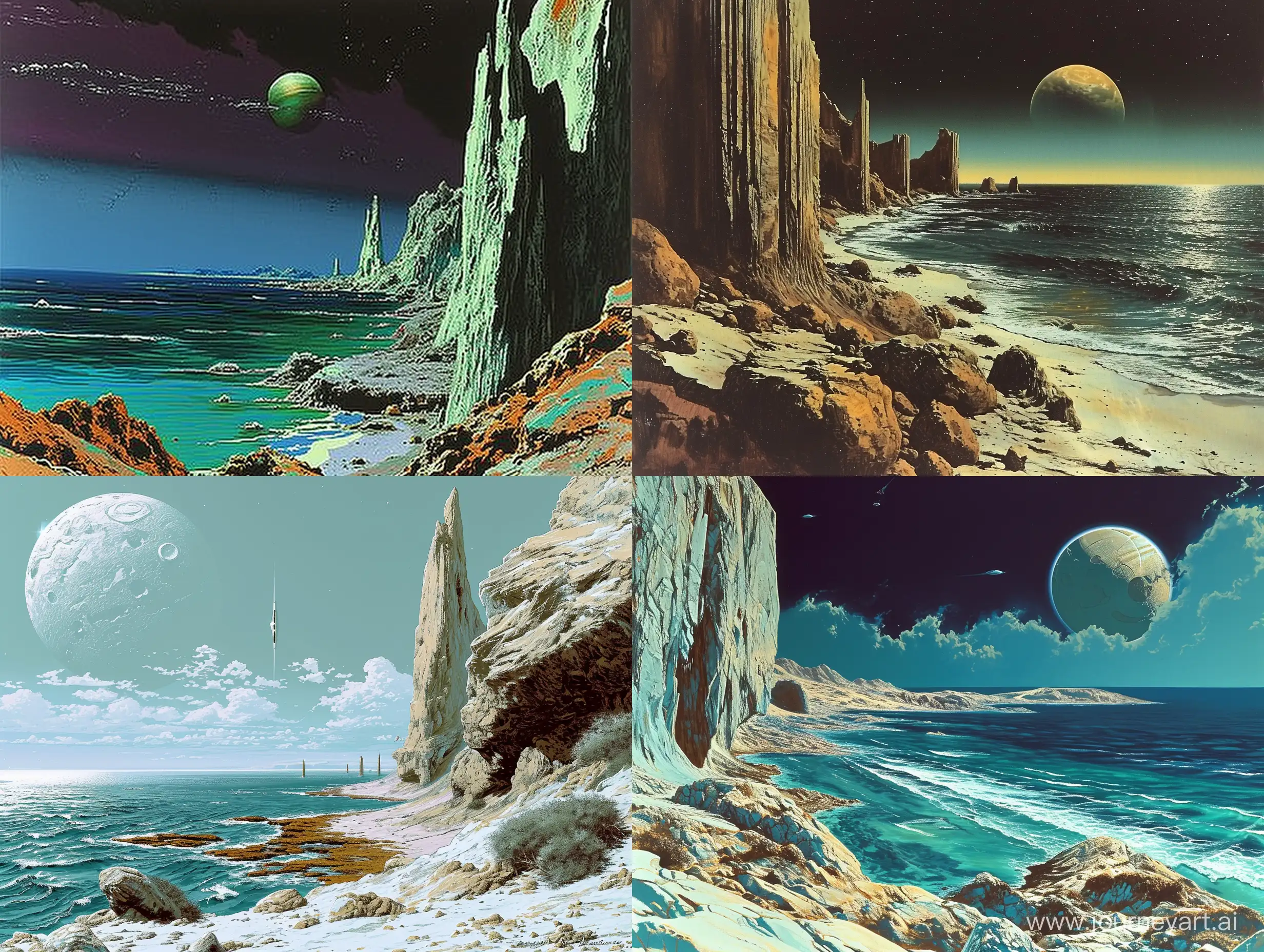An alien landscape of the coast of an ocean. In the style of Roger Dean and Ralph McQuarrie. retro science fiction art style. in color. surreal. 