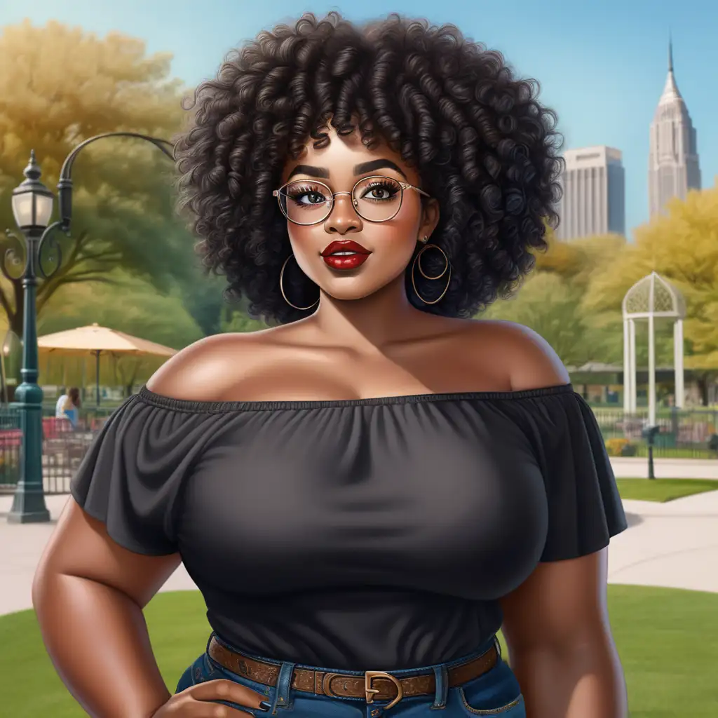 realistic high-arched eyebrows and large, expressive almond-shaped eyes with dark eyeliner and full eyelashes Black dark skin African woman, plus size, curly afro black hair colored hairstyle, wearing circle glasses, curly hair, off the shoulder top, full size lips, red metallic lipstick, fully dressed, standing outside at a park