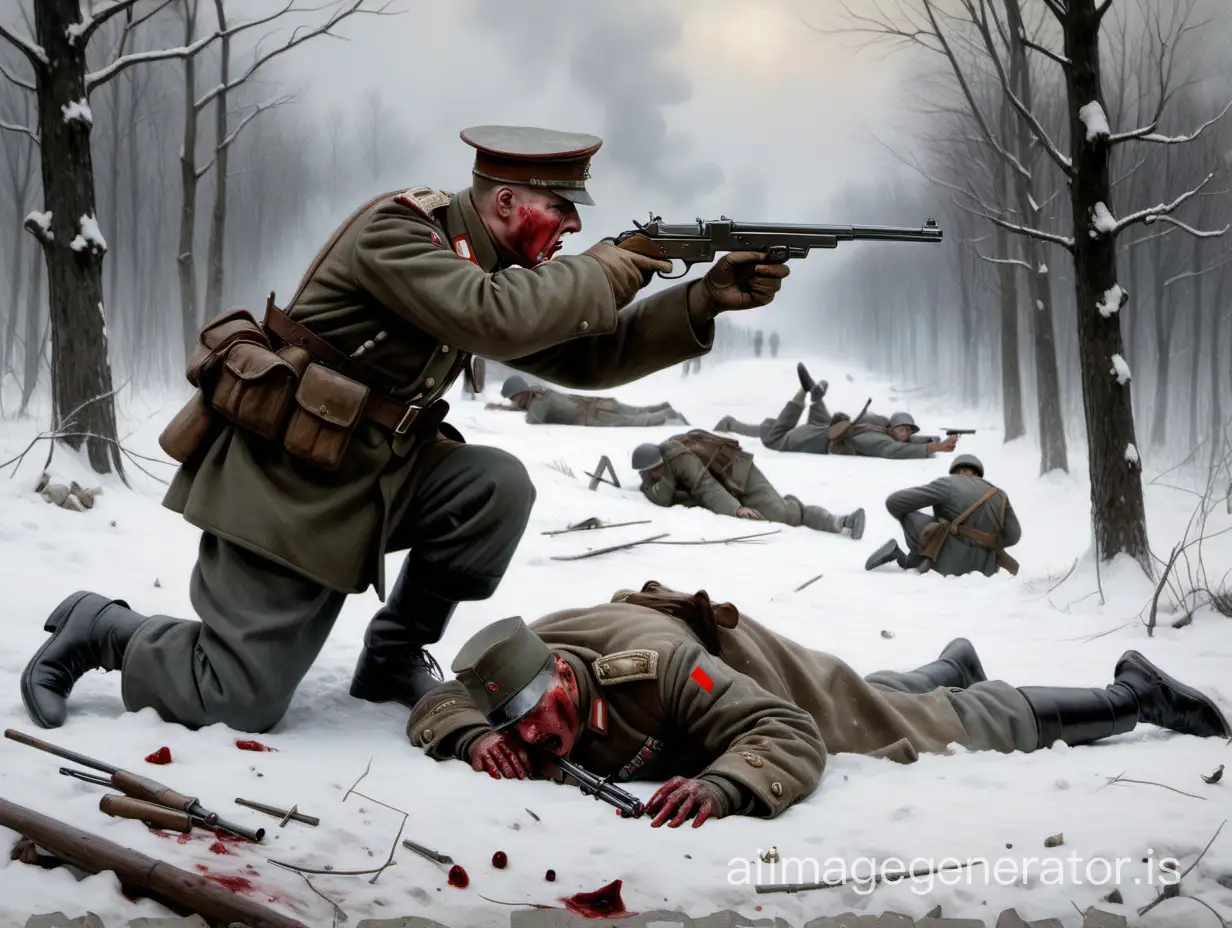 A German soldier in World War 1 aiming a Mauser C96 pistol at the head of a wounded Russian soldier laying on the ground from a 5 feet distance. There is no one else in the picture.The painting is ultra-realistic with a somber and gloomy tone. The Russian soldier is clutching his gut from a gunshot wound, and there is blood on the snow beneath him. The picture is taken from the side, showing the back of the German soldier looking and aiming at the Russian soldier, and a side-profile of the Russian soldier laying on the ground. The ground is covered in snow and the background is grey. Image should be slightly zoomed out.