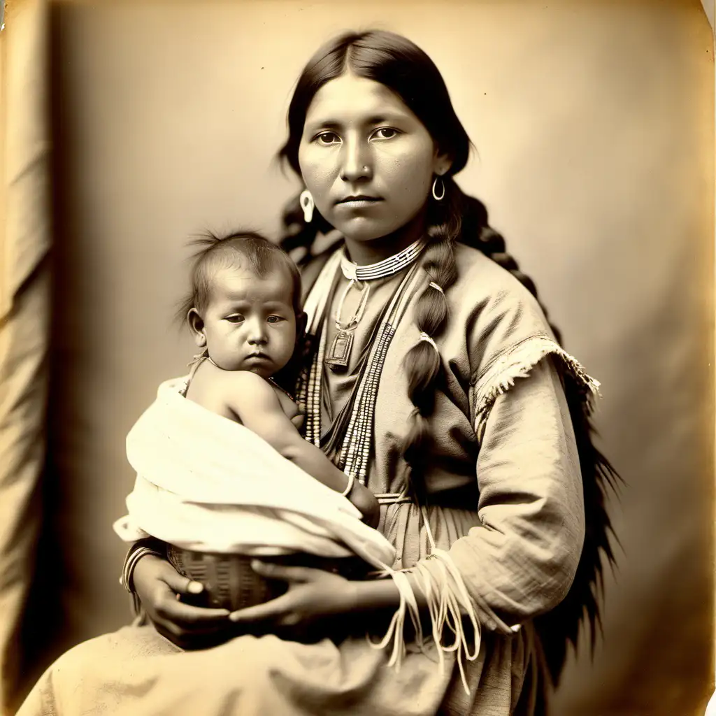 Portrait of a Young Pueblo Indian Mother with Infant in Historic 19thCentury Photograph