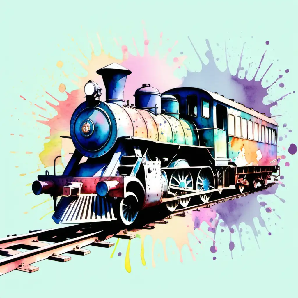 Watercolour, vintage train on pastel splatter background